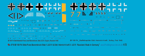 Peddinghaus-Decals 4719 Bf 109 F4 Ofw Franz  Beerenbrock Stab JG 51 & Oblt Heinrich Krafft 1-72