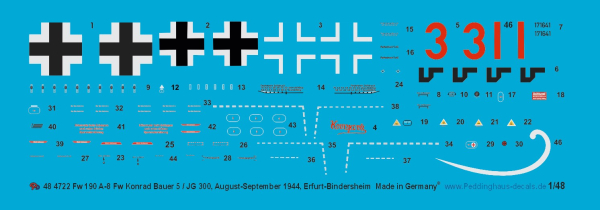 Peddinghaus-Decals 4722 Fw 190 A-8 Fw Konrad Bauer 5 / JG 300 , august-September 1944, Erfurt-bindersleben 1-48