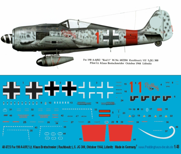 Peddinghaus-Decals 4723 Fw 190 A-8/R2 Lt. Klaus Bretschneier ( Rauhbautz) , 5. JG 300, Oktober 1944, Löbnitz 1-48