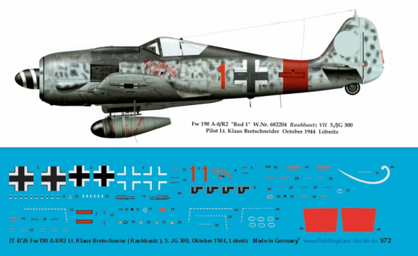 Peddinghaus-Decals 4726  Fw 190 A-8/R2 Lt. Klaus Bretschneier ( Rauhbautz) , 5. JG 300, Oktober 1944, Löbnitz 1-72