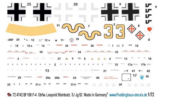 Peddinghaus-Decals 1:72 4742 Bf 109 F4 Obfw. Leopold Steinbatz 3. JG 52 , Juni 1942