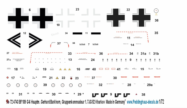 Peddinghaus-Decals 1-72 4743 Bf 109 G-6 Haiptmann Gerhard Barkhorn. 1 JG 52 Karkov