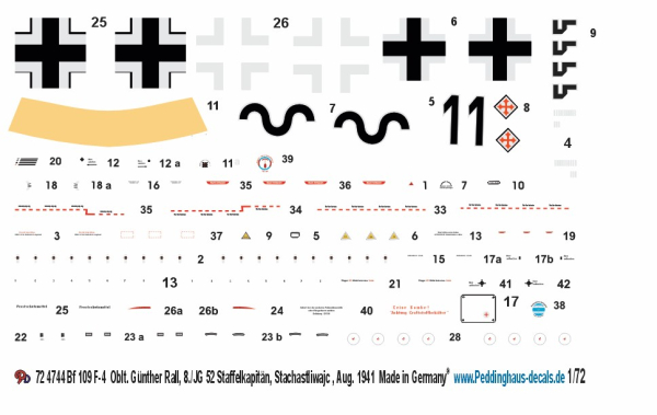 Peddinghaus-Decals 1-72 4744 Bf 109 F-4  Oblt. Günther Rall, 8./JG 52 Staffelkapitän, Stachastliwajc , Aug. 1941