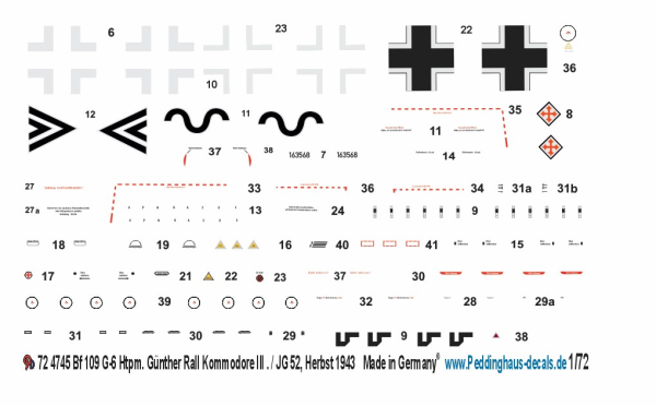 Peddinghaus-Decals 1-72 4745 Bf 109 G-6 Htpm. Günther Rall Kommodore III . / JG 52, Herbst 1943