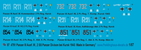 Peddinghaus Decals 1-87 4751 Panzer III Ausf. M der 2 SS Panzer Division 1943 bei Kursk