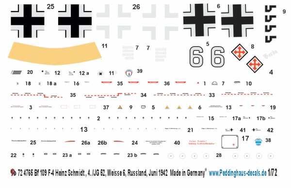 Peddinghaus Decals 1-72 4765 Bf 109 F-4  Heinz Schmidt. 4./JG 52, Weisse 6, Russland , Juni 1942