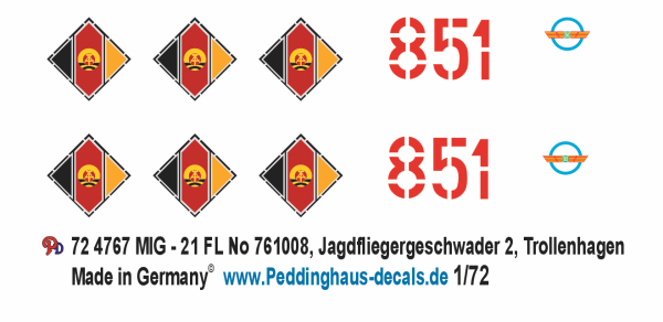 Peddinghaus Decals 1-72 4767 MIG -21 FL No 761008 Jagdfliegergeschwader 2, Trollenhagen