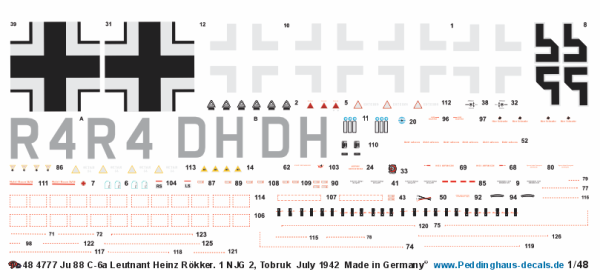Peddinghaus-Decals 1/48 EP4777 JU 88 C-6a Ltn. H Rökker , 1./NJG 2