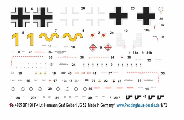 Peddinghaus-Decals 1-72 4785 BF 190 F-4 Lt. Hermann Graf Gelbe 1 JG 52