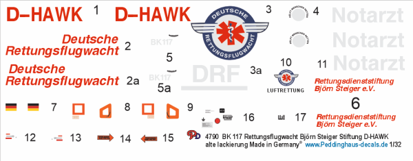 Peddinghaus-Decals 1-32 4790 BK 117 Rettungsflugwacht Björn Steiger Stiftung D-HAWK alte lackierung