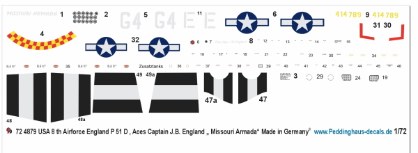 Peddinghaus-Decals 1-72 4879 USAF 8th P 51D Aces J.B. england " Missouri Armada"