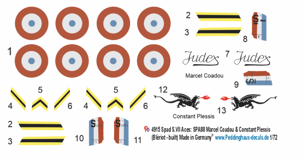 Peddinghaus-Decals 1-72 4915 Spad S.VII Aces SPA88 M. Coadou & C. Plessis (Blériot-built)