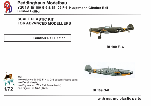 Peddinghaus Modellbau 72018 Bf 109 G-6 & BF 109 F-4  Hauptmann Günther Rall JG 52         Plastikbausatz