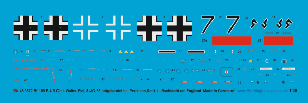 Peddinghaus-Decals 1/48 3572 Bf 109-E-4/B Oblt. Walter Fiel, 8/JG 53 crashlanded in Peckham,Kent on the 2.10.1940