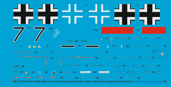 Peddinghaus-Decals 1/32 3573 Bf 109-E-4/B Oblt. Walter Fiel, 8/JG 53 crashlanded in Peckham,Kent on the 2.10.1940