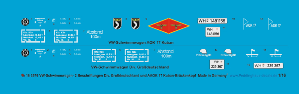 Peddinghaus-Decals 1:16 3576 VW-Schwimmwagen 2 markings Div. Großdeutschland and AOK 17 Kuban 1944