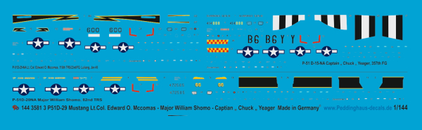 Peddinghaus-Decals 1:144 3581 3 P 51 D Mustang Lt.Col. Edward O. Mccomas-Major William Shomo - Captain " Chuck" Yeager
