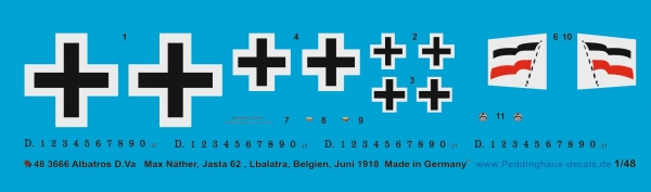 Peddinghaus-Decals 1.48 3666 Albatros D.Va Max Näther, Jasta 62, Lbalatra, Belgien, Juni 1918
