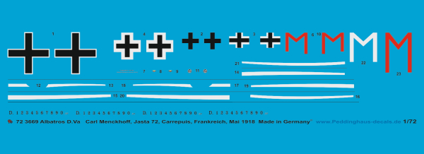 Peddinghaus-Decals 1/72 3669 Albatros D.Va Karl Menkhoff , Jasta 72, Carrepuis, Frankreich, Mai 1918