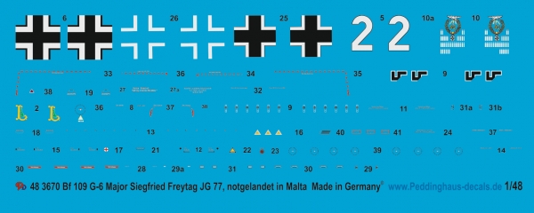 Peddinghaus-Decals 1:48 3670 BF 109 G-2 Oberlt. Siegfried Freytag, Staffelführer 1. JG 77, 1942 Malta