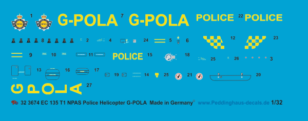 Peddinghaus-Decals 1:32 3674 EC 135 T1 NPAS Police Helicopter England - POLA