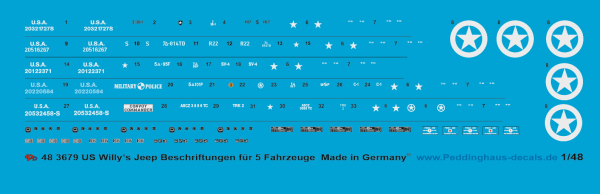 Peddinghaus-Decals 1/48 3679 US Militär Willy's Jeep Beschriftungen für 5 Fahrzeuge