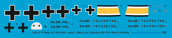 Peddinghaus-Decals 1/48 3713 Fokker DR. I  Karl Bolle , Jasta 2, Halluin-Ost, Frankreich, Mai 1918