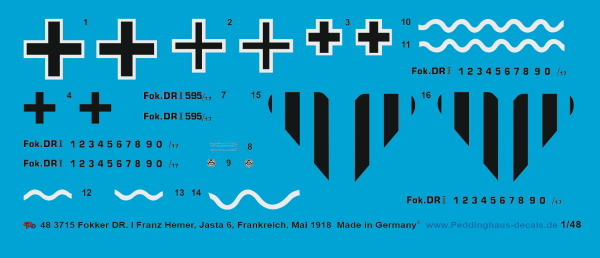 Peddinghaus-Decals 1/48 3715 Fokker DR. I  Franz Hemer, Jasta 6, Frankreich , Mai 1918
