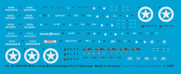 Peddinghaus-Decals 1:35 3678 US Militär Willy's Jeep markings for 5 jeeps