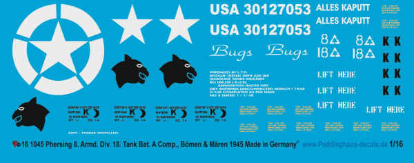 Peddinghaus-Decals 1:16 1045 M26 Pershing  8. Armd 18 Tank Bat. Bömen & Mären 45