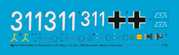 Peddinghaus-Decals 1:16 1139 Panther 3. Komp. 2. Pz. Reg. 2. Pz. Div 1943