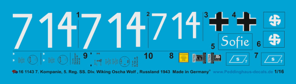 Peddinghaus-Decals 1:16 1143 Panther 7. Komp. 5. Reg. SS Div. Viking Oscha Wolf Russland 43