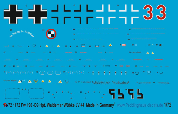 Peddinghaus Decals 72 1172  FW 190 D-9 Hptm. Waldemar Wübke JV 44 Papageienstaffel