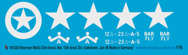 Peddinghaus-Decals 1:16 1226 Sherman M4 A3 23 rd Armd. Bat. 12 th Armd Div Gabsheim Deutschland 45