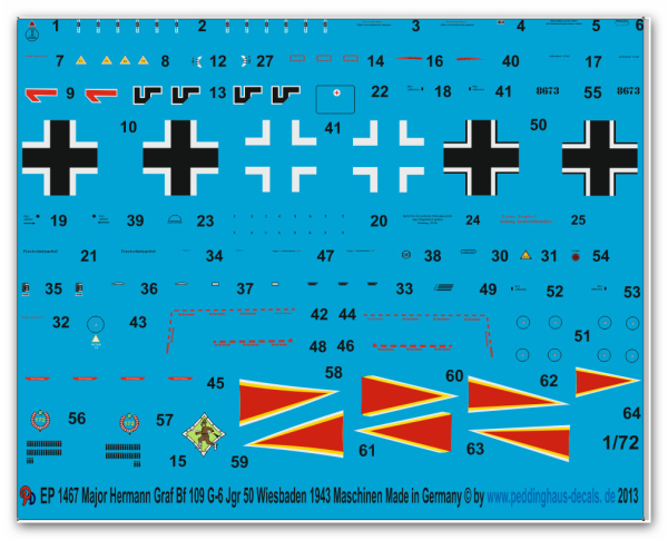 Peddinghaus-Decals 1/72 1467 Major Hermann Graf Bf 109 G JGr 50 Wiesbaden 1943