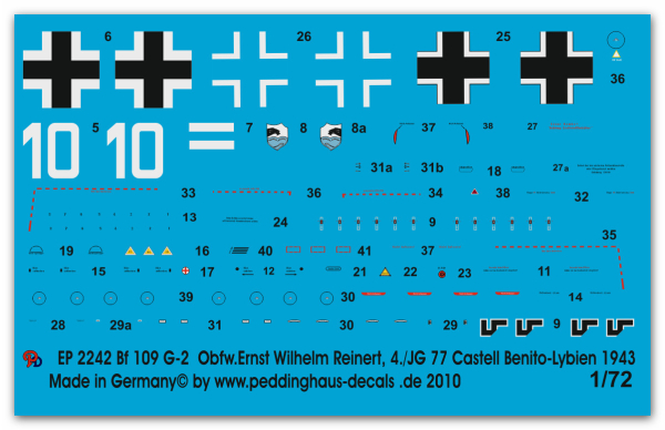 Peddinghaus-Decals 1/72 2242 Bf 109 G-2 Obfw. Ernst Wilhelm Reinert, 4./JG 77 Castell Benito-Lybien 43