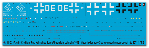 Peddinghaus-Decals 1/72 2337 Ju 88 C-6 Hptm Prinz Heinrich zu Sayn-Wittgenstein IV/ NJG 5 Leipheim 1943