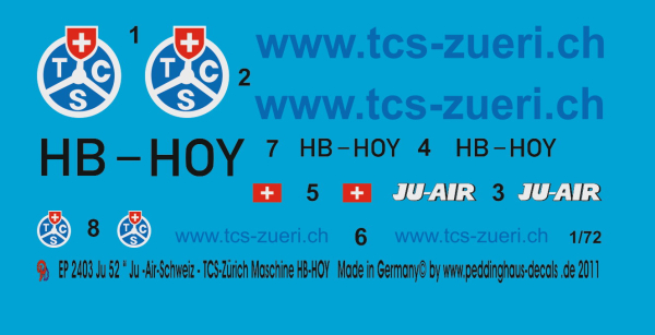 Peddinghaus-Decals 1/72 2403 Ju 52 " Ju-Air-Schweiz TCS-Zürich Maschine HB-HOY
