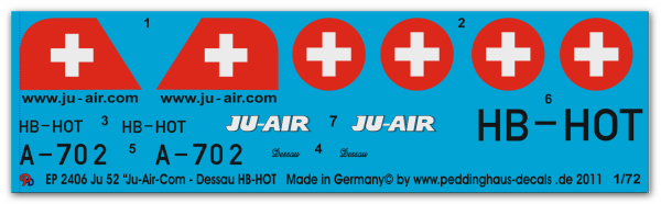 Peddinghaus-Decals 1/72 2406 Ju 52 " Ju -Air-Com Dessau HB-HOT