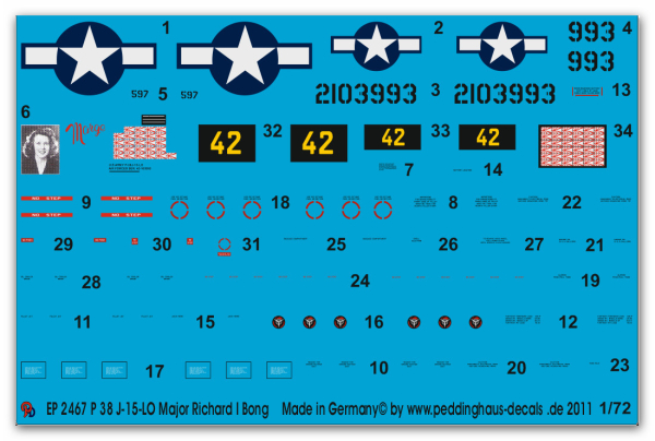Peddinghaus-Decals 1/72 2467 P 38 J-15-LO Major Richard I Bong Pacifik