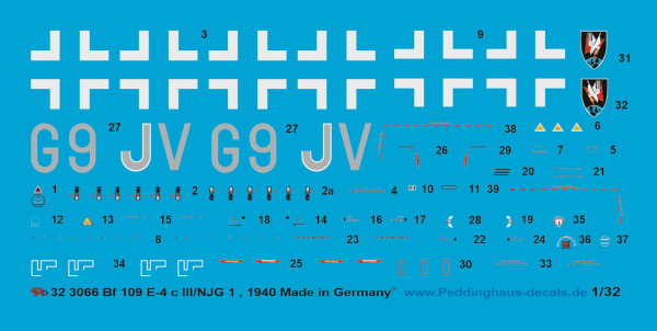 Peddinghaus-Decals 1:32  3066  Bf 109 E-4 c , III/NJG1 Deutschland 1940