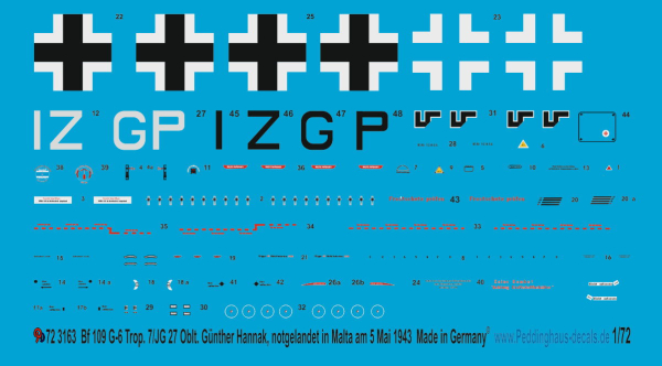 Peddinghaus-Decals 1/72 3163 BF 109 G-6 Trop W.Nr. 18046 Oblt. Günther Hannak 7/JG27 Notgelandet in Malta