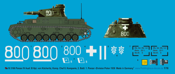 Peddinghaus-Decals 1:16  3166 Panzer IV Ausf.B Hpt. Von Köcheritz, Kp-Chef, 8. Kompanie, 2. Bat. 1. PD