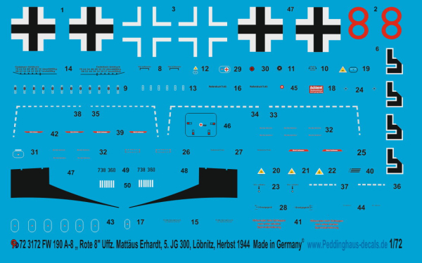Peddinghaus-Decals 1/72 3172 FW 190 A-8 " Rote 8" Uffz Matthäus Erhardt, 5. JG 300 Löbnitz , Herbst 1944