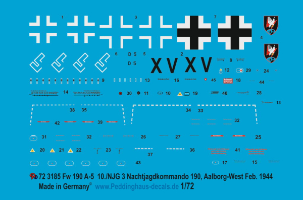 Peddinghaus-Decals 1/72 3185 FW 190 A-5 10./NJG3 Nachtjagdkommando 190 , Aalborg-West-Dänemark Feb.44