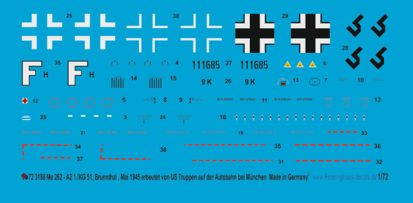 Peddinghaus-Decals 1/72 3188 Me 262 A-2 1./KG 51 Brunnthal, Mai 1945, erbeutet von US Truppen bei München