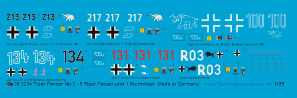 Peddinghaus-Decals 1:35 3234 Tiger tanks No 6- 5 Tiger tanks and 1 Sturmtiger