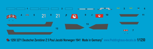 Peddinghaus-Decals 1:1250 3271 german destroyer Z5 Paul Jacobi with Norway 1941 camoflage