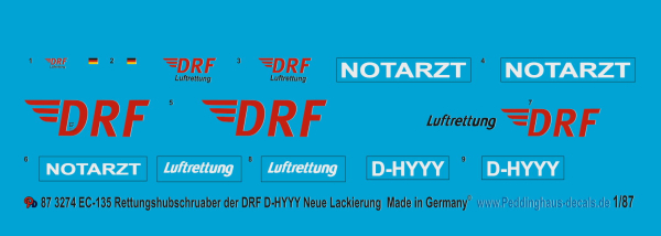 Peddinghaus 1/87 3274 EC -135 Rescue helicopter of the  DRF D-HYYY New DRF markings
