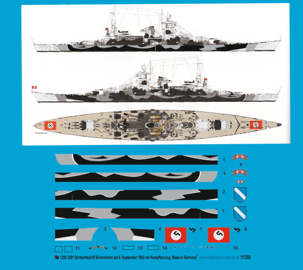 Peddinghaus-Decals 1:1250  3291 Battleship Scharnhorst 6. September 1943 with body camoflage